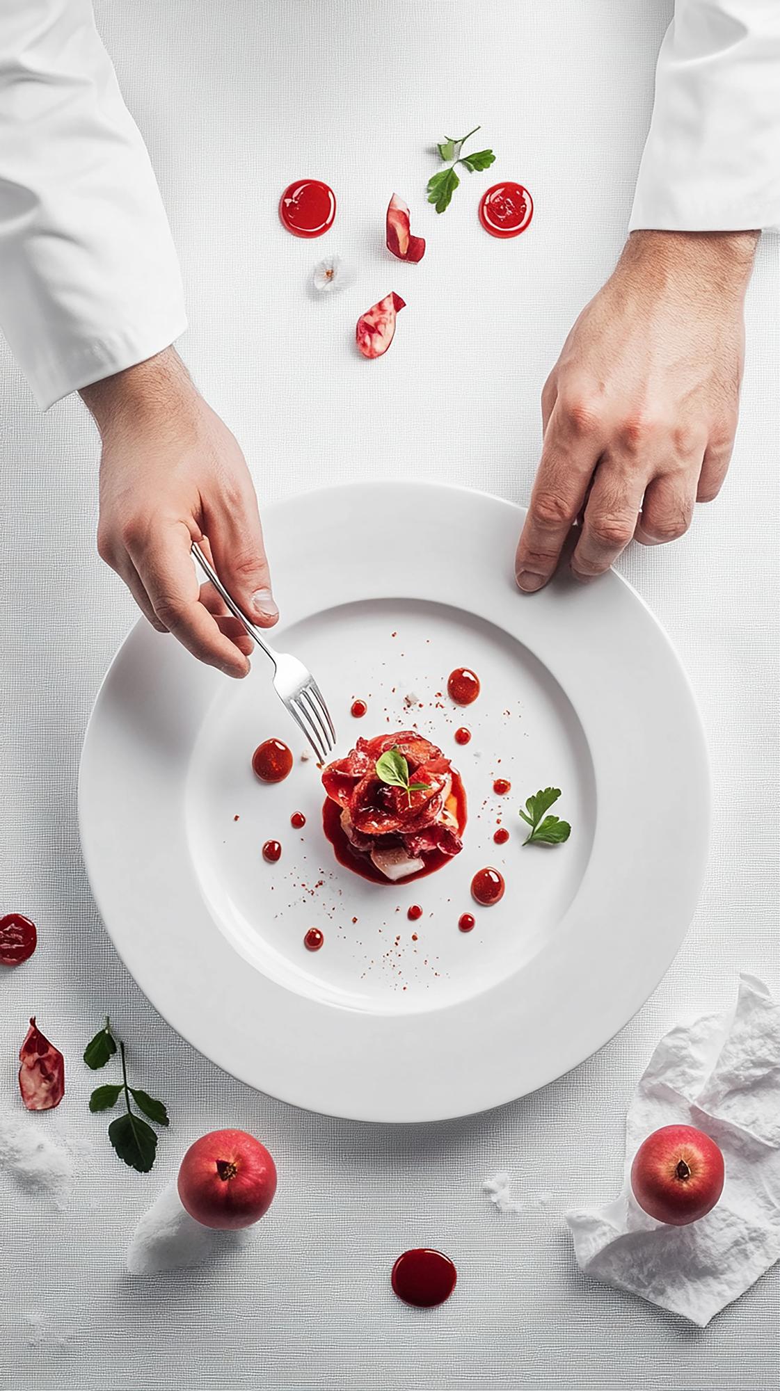 Chef arranging plated dish in minimal kitchen